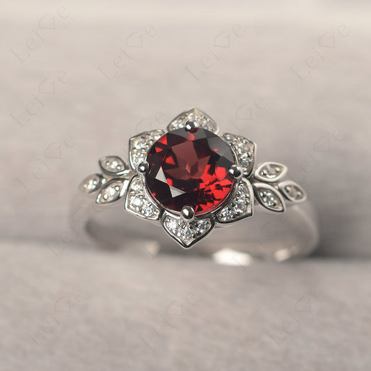 Round Cut Garnet Flower Ring Yellow Gold