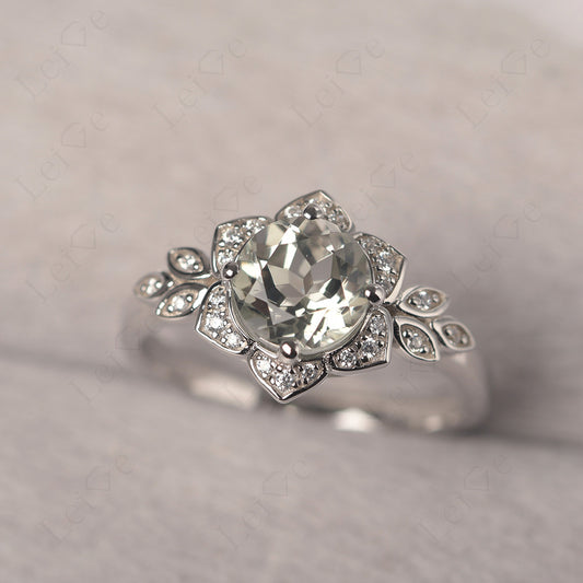 Round Cut Green Amethyst Flower Ring Yellow Gold
