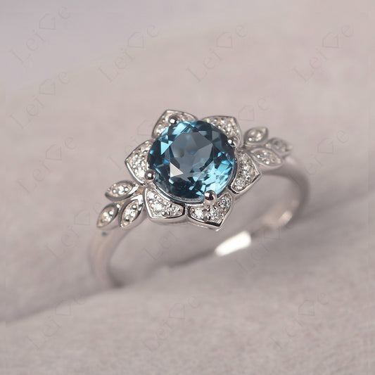 Round Cut London Blue Topaz Flower Ring Yellow Gold