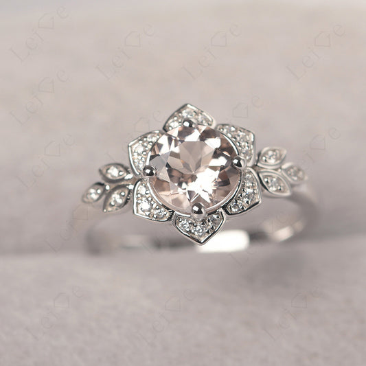 Round Cut Morganite Flower Ring Yellow Gold