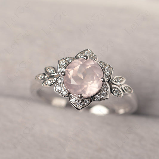 Round Cut Rose Quartz Flower Ring Yellow Gold