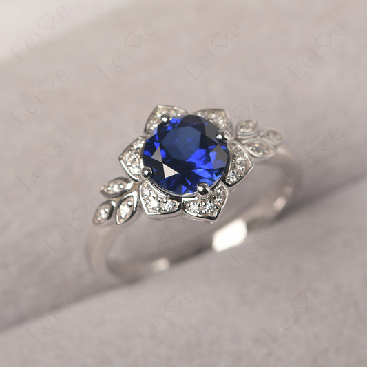 Round Cut Sapphire Flower Ring Yellow Gold