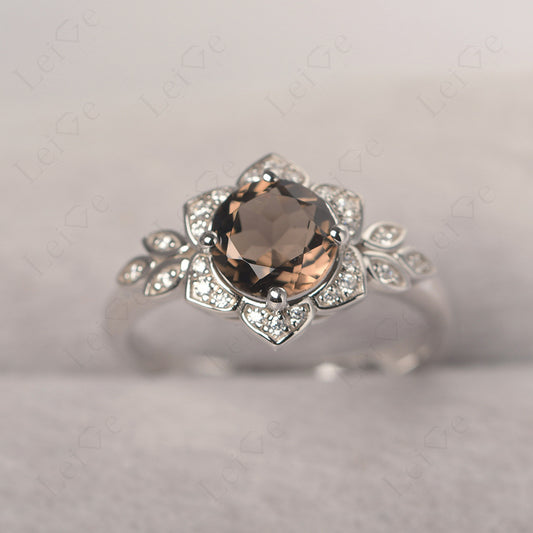 Round Cut Smoky Quartz Flower Ring Yellow Gold