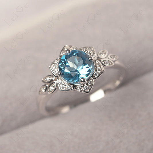 Round Cut Swiss Blue Topaz Flower Ring Yellow Gold