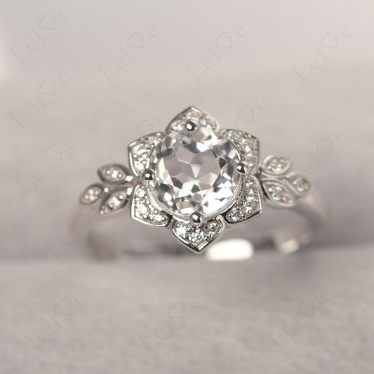 Round Cut White Topaz Flower Ring Yellow Gold