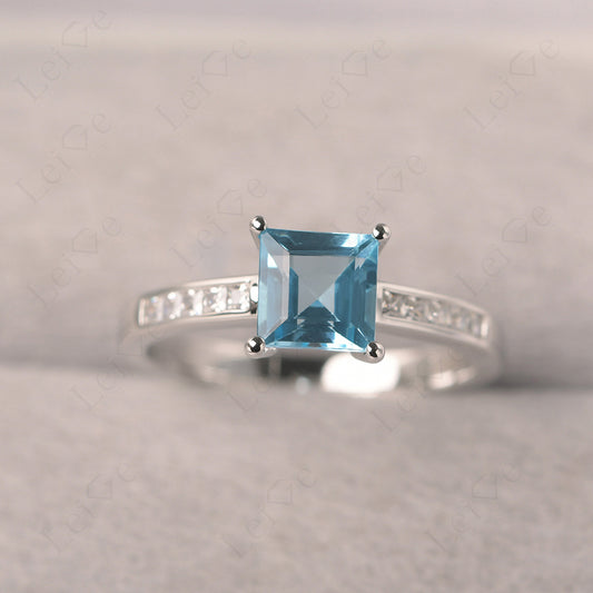 Swiss Blue Topaz Wedding Rings Princess Cut Rose Gold