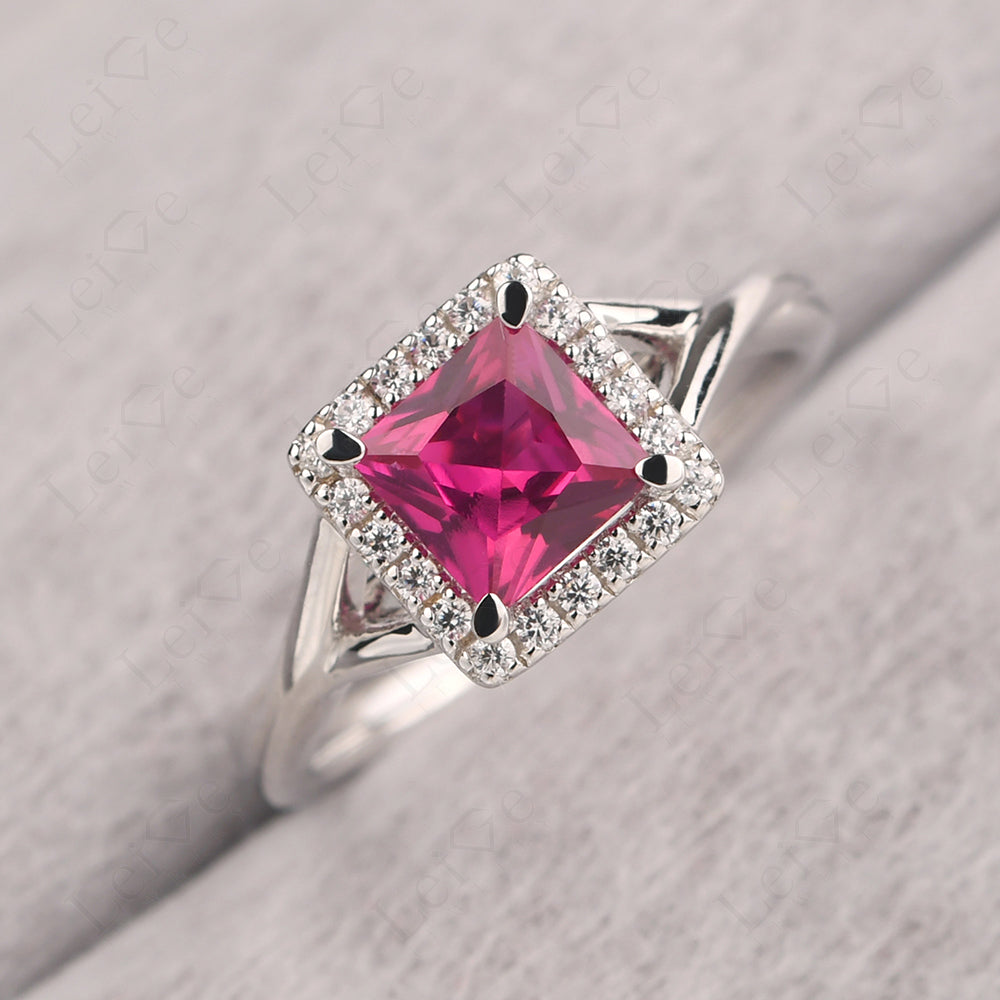 Ruby Split Shank Halo Engagement Rings
