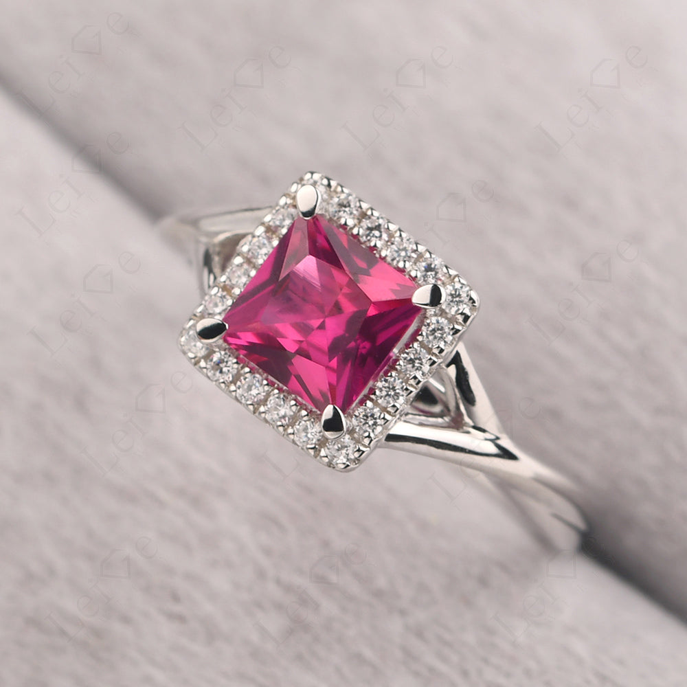 Ruby Split Shank Halo Engagement Rings