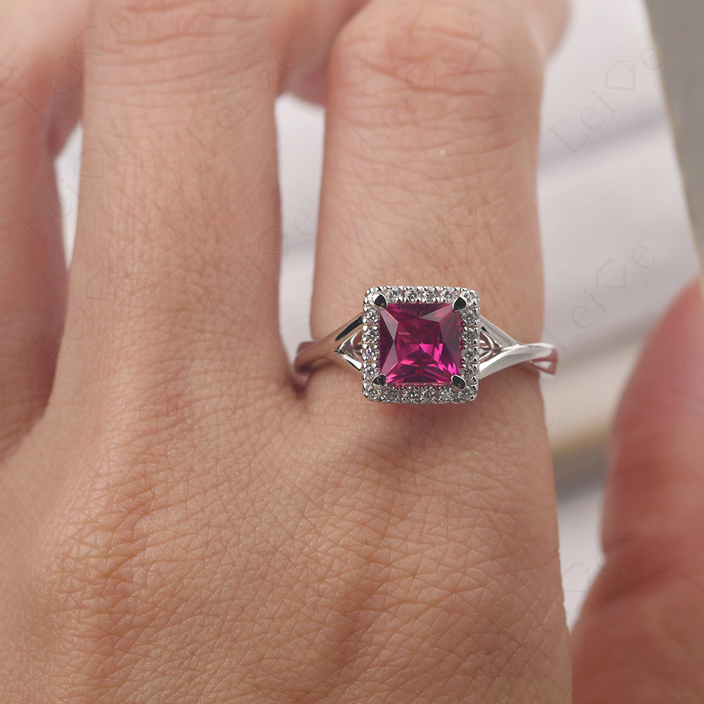 Ruby Split Shank Halo Engagement Rings