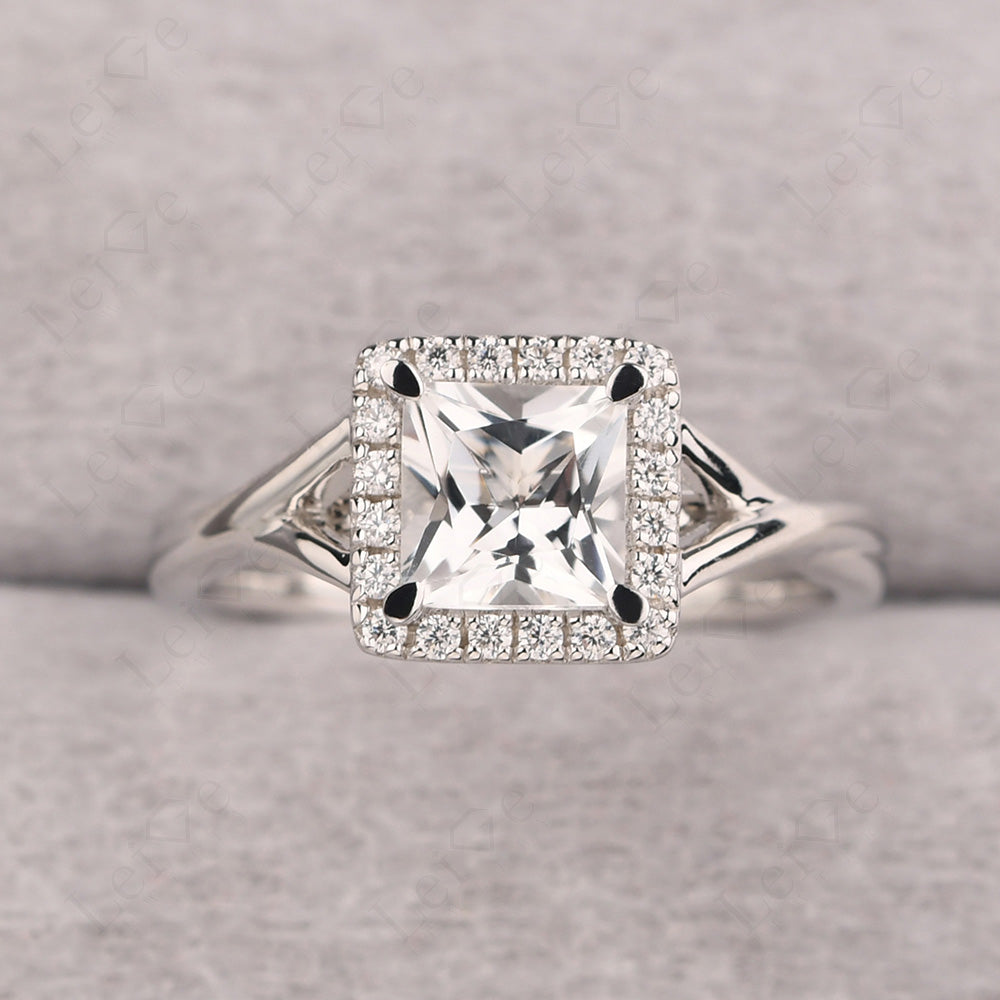 White Topaz Split Shank Halo Engagement Rings