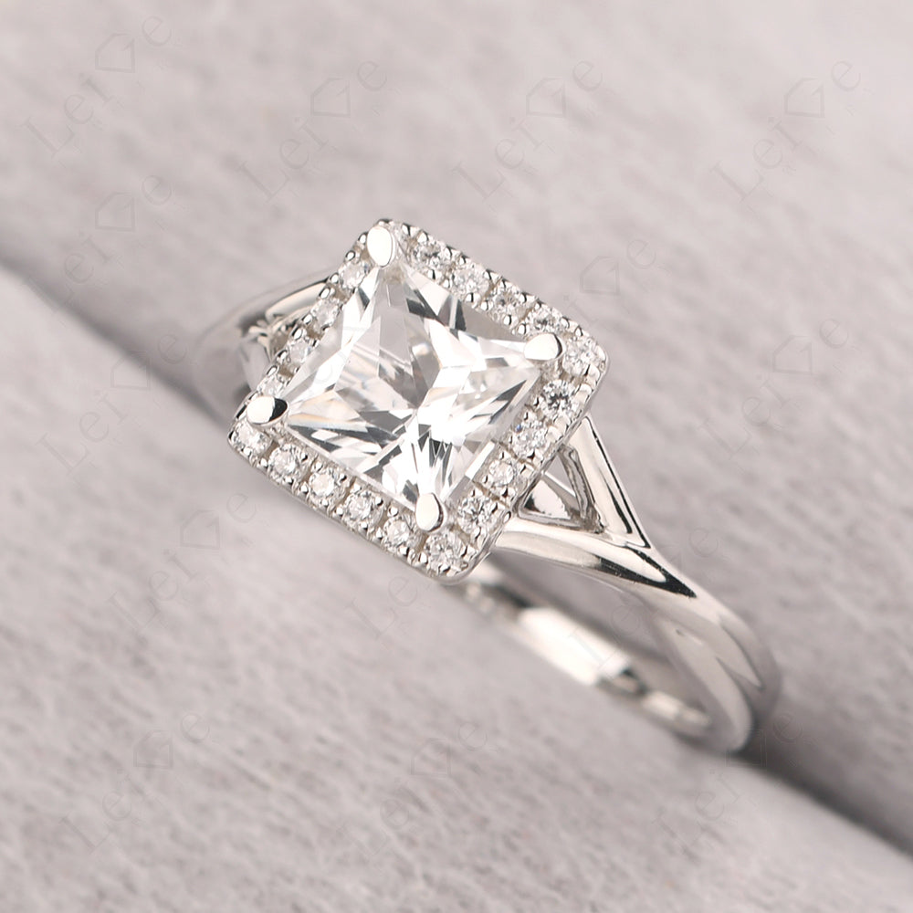 White Topaz Split Shank Halo Engagement Rings